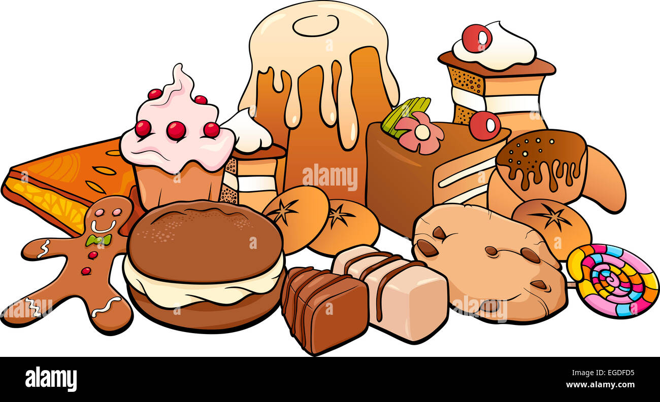 Ilustración de dibujos animados de alimentos dulces como pasteles y  galletas Fotografía de stock - Alamy