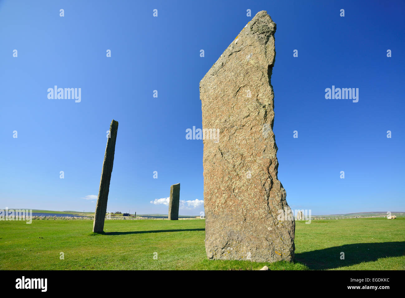 Monumento neolítico en la península de Orkney, piedras de Stenness, Sitio del Patrimonio Mundial de la UNESCO la Heart of Neolithic Orkney, las Islas Orkney, Escocia, Gran Bretaña, Reino Unido Foto de stock
