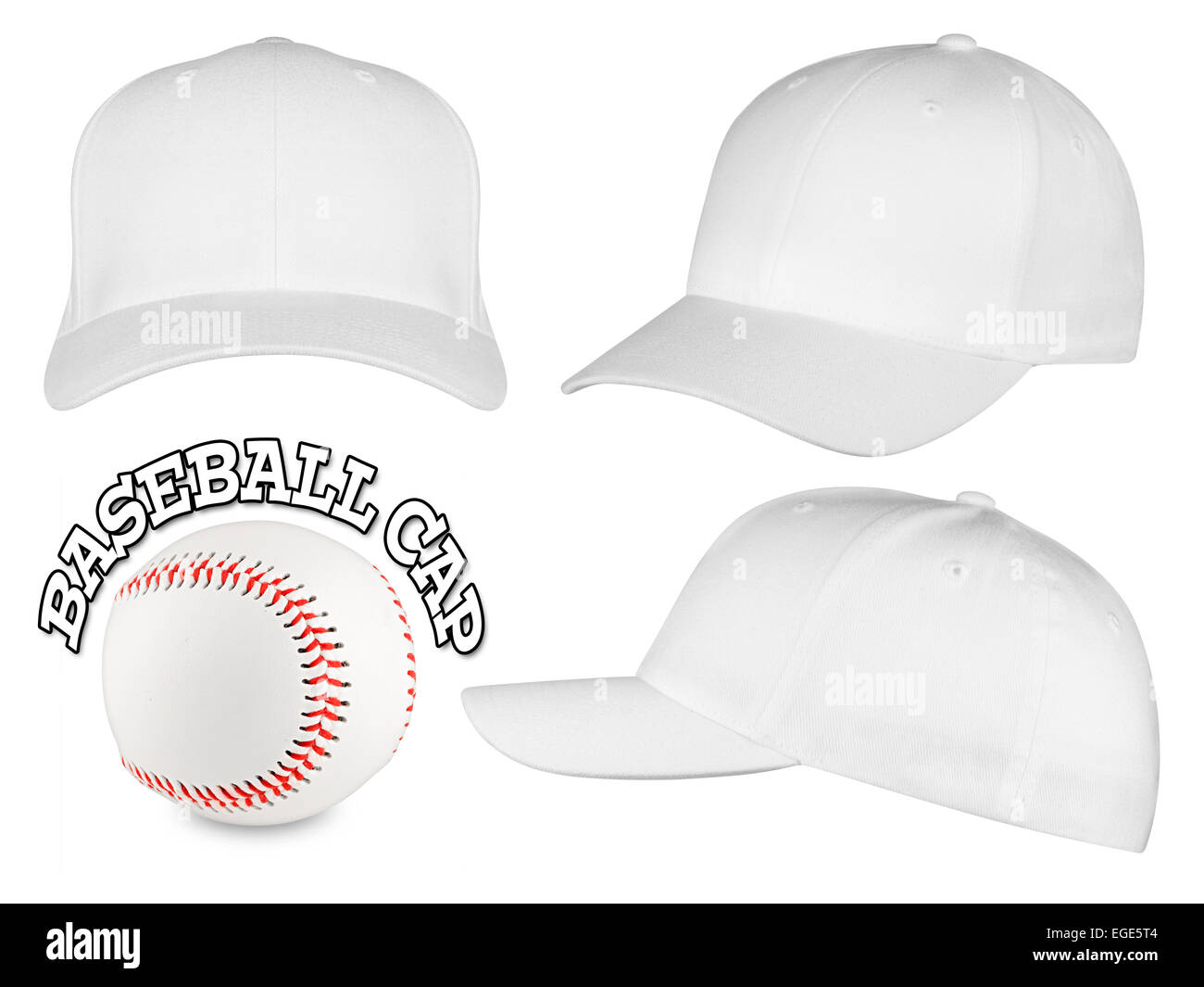 Gorra de béisbol en diferentes ángulos sobre fondo blanco. Foto de stock