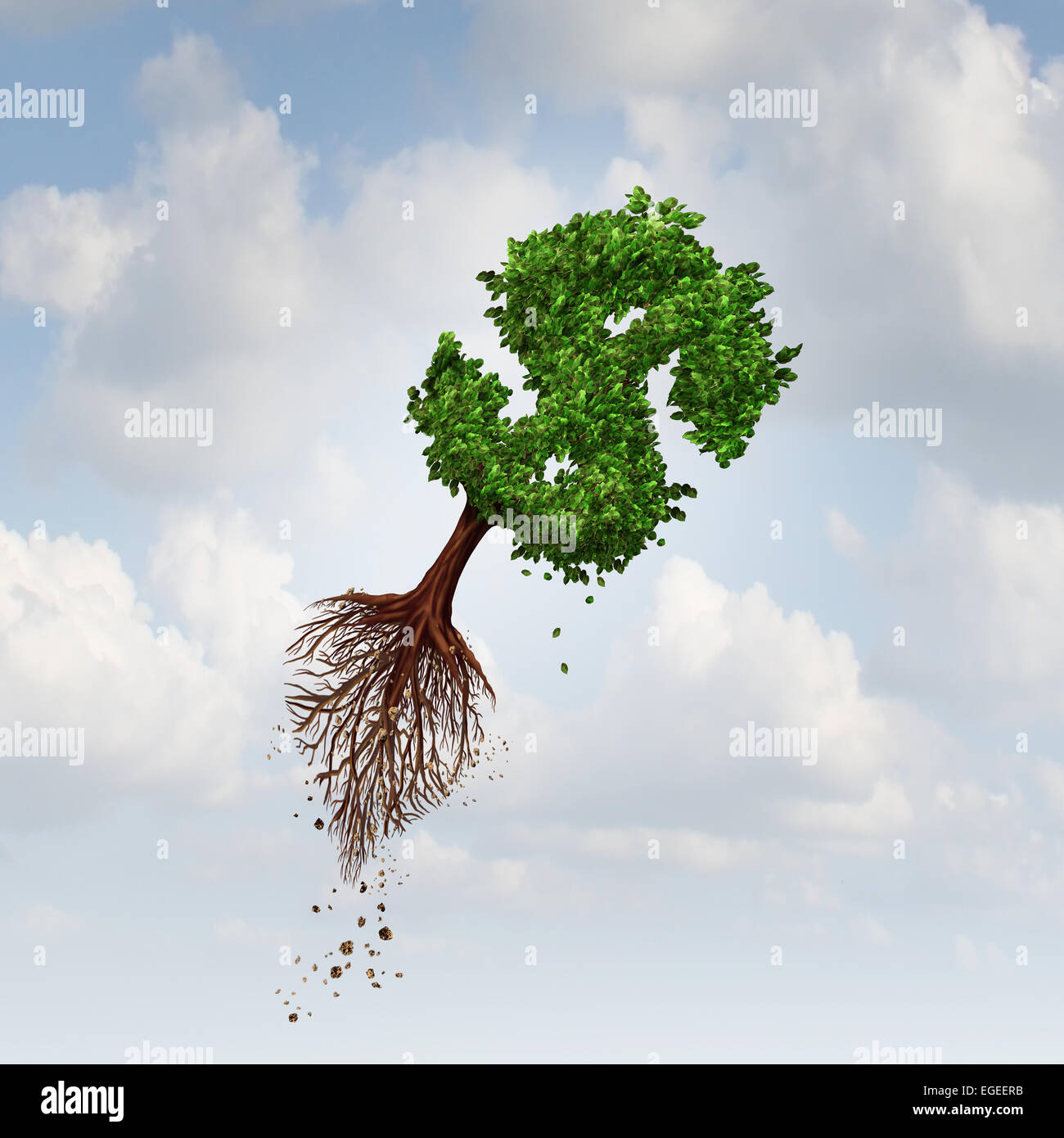 Concepto de negocio vuelo dinero volando como un árbol con raíces desarraigadas formado como un signo de dólar como un símbolo para las exportaciones financieras e invertir en nuevos mercados. Foto de stock