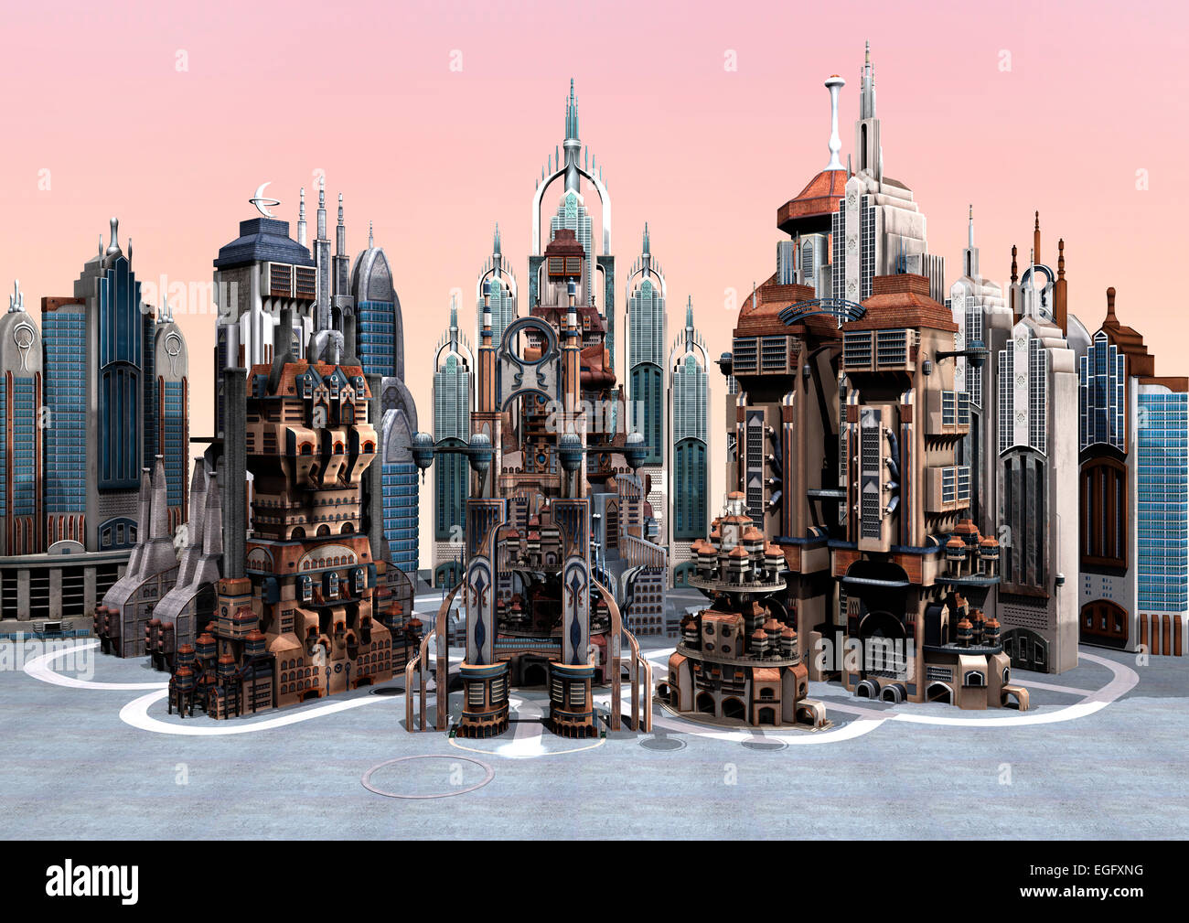 Digital 3D Render de una ciudad futurista de ciencia ficción sobre un fondo de cielo rosa Foto de stock