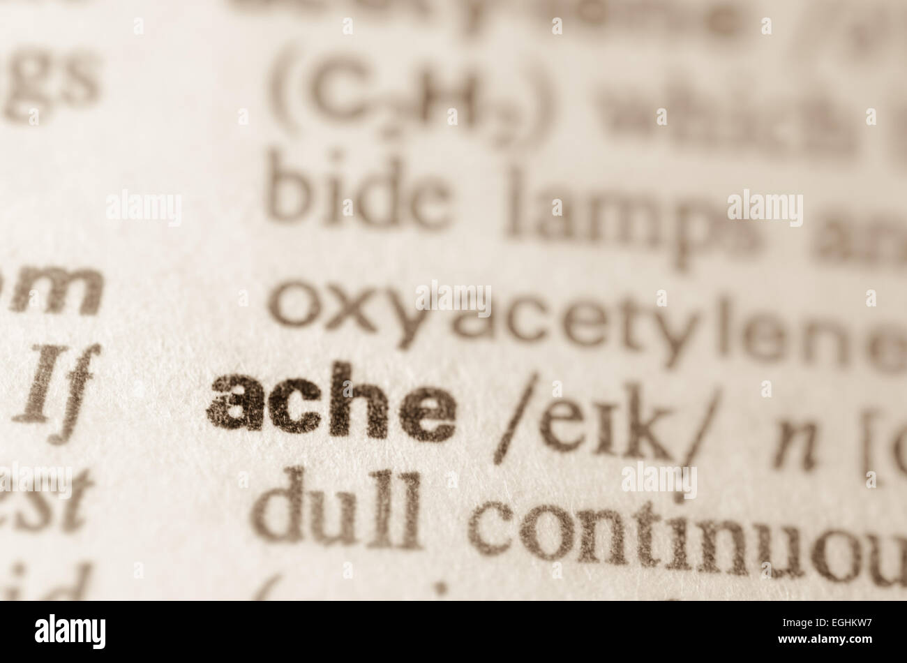 Definición de la palabra Ache en el diccionario. Foto de stock