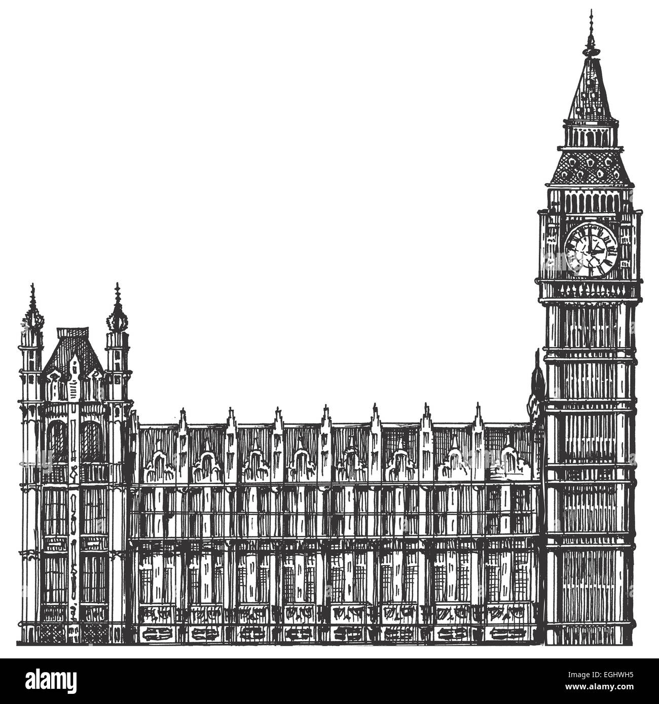 Inglaterra, Londres. Big Ben en un boceto de fondo blanco. Foto de stock