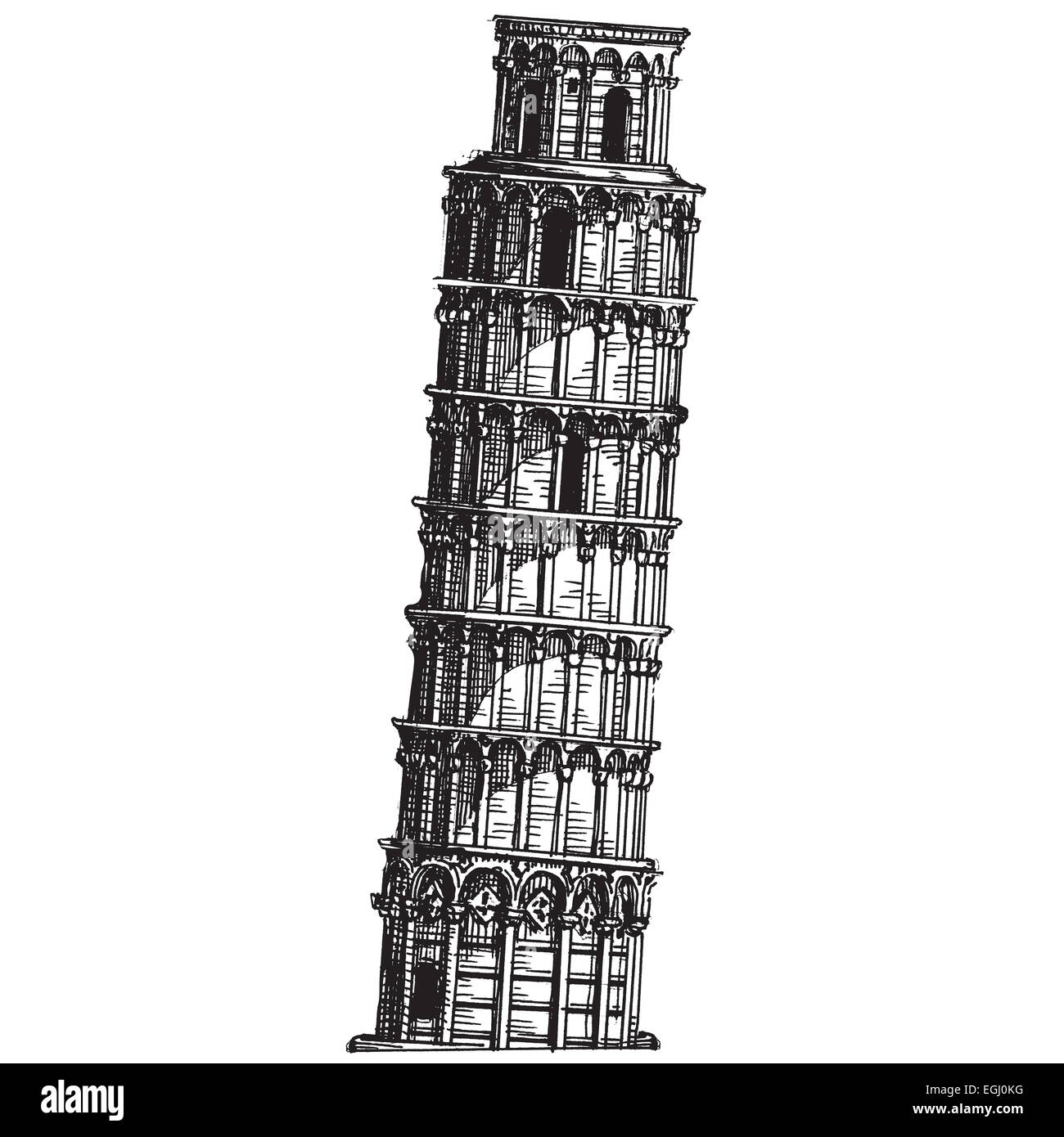 Italia. La torre inclinada de Pisa en un boceto de fondo blanco