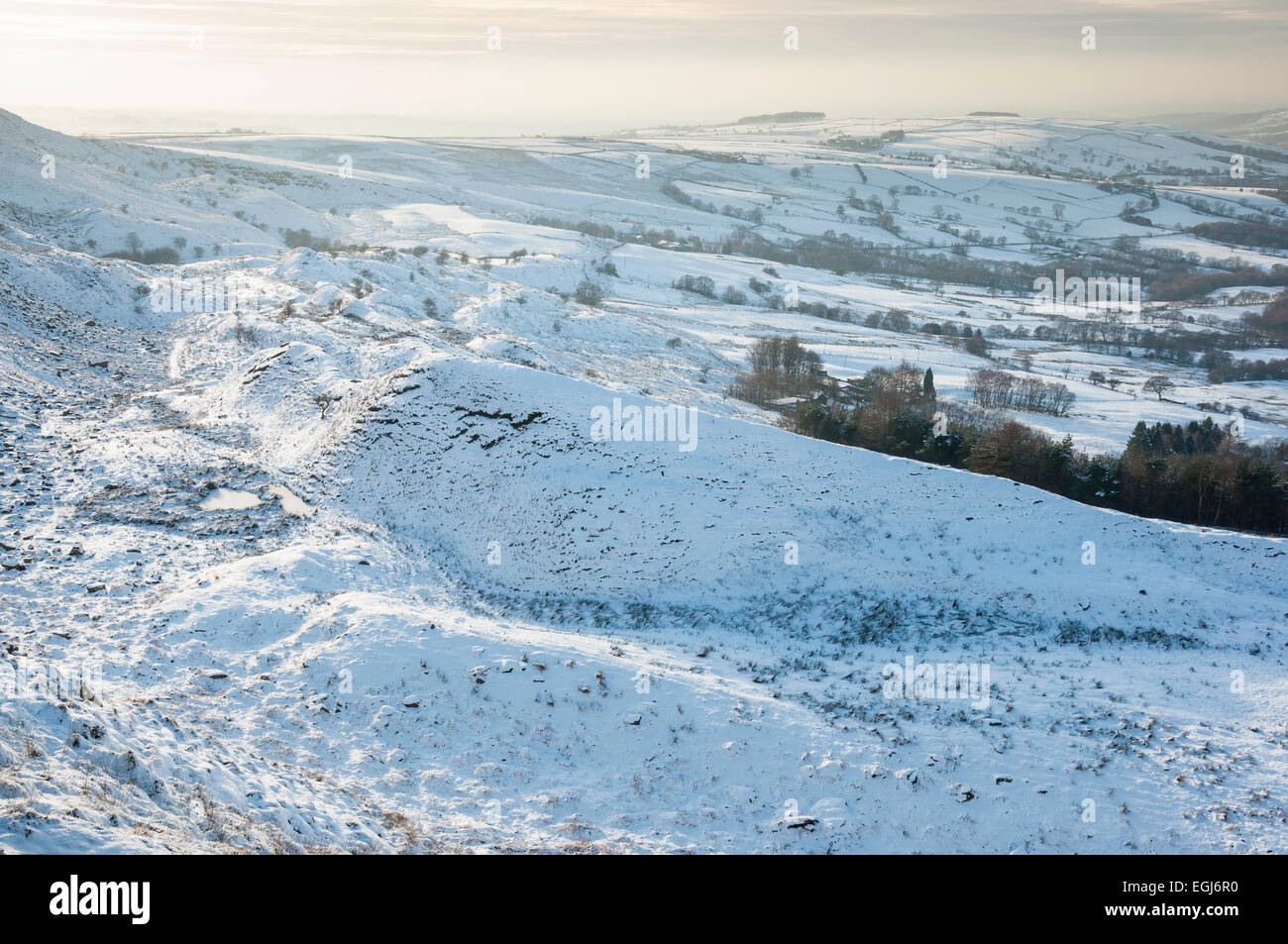 Suave luz de la tarde en un paisaje nevado debajo Coombes borde encima de la aldea de Charlesworth, Derbyshire. Foto de stock