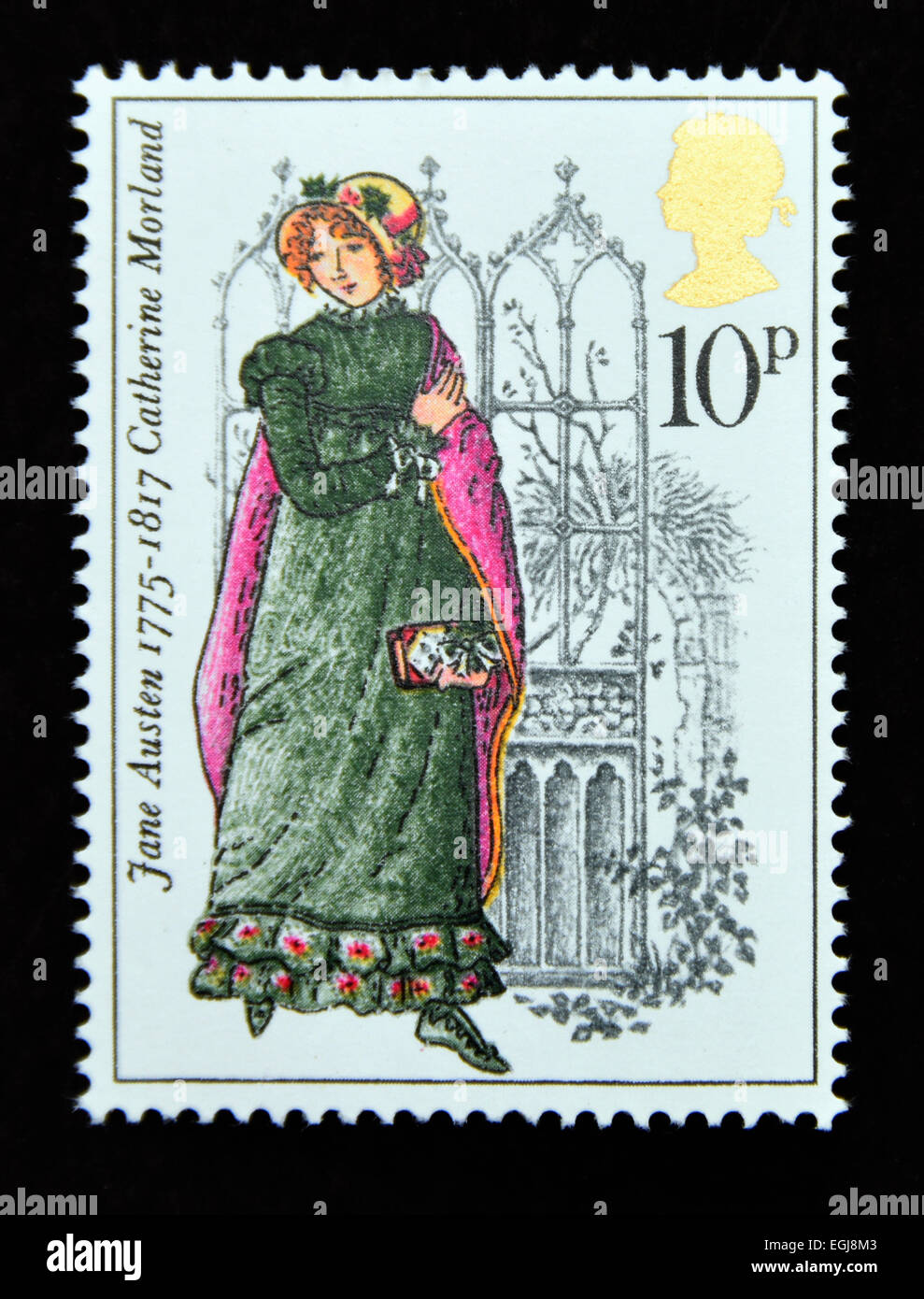 Sello de correos. Gran Bretaña. La reina Isabel II. 1975. Bicentenario del nacimiento de Jane Austen (Novelista). Foto de stock