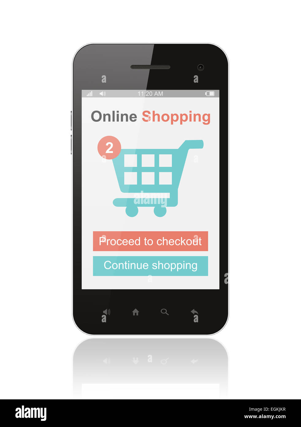 Teléfono inteligente con concepto de compras en línea sobre fondo blanco. Foto de stock