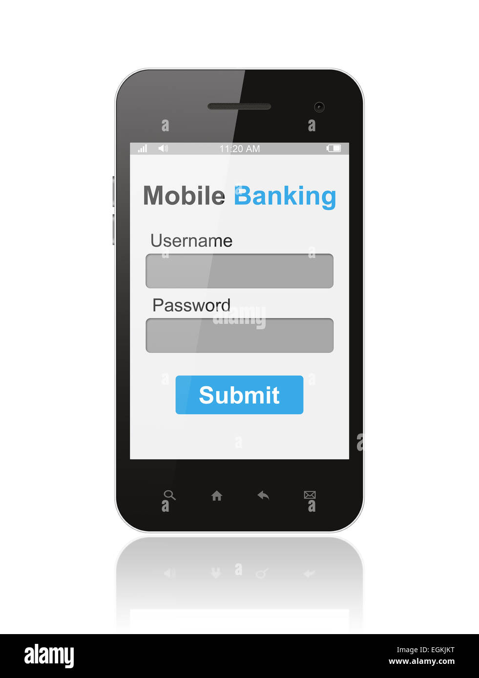Teléfono inteligente con mobile banking login form elemento de interfaz de usuario en su pantalla aislado sobre fondo blanco. Foto de stock