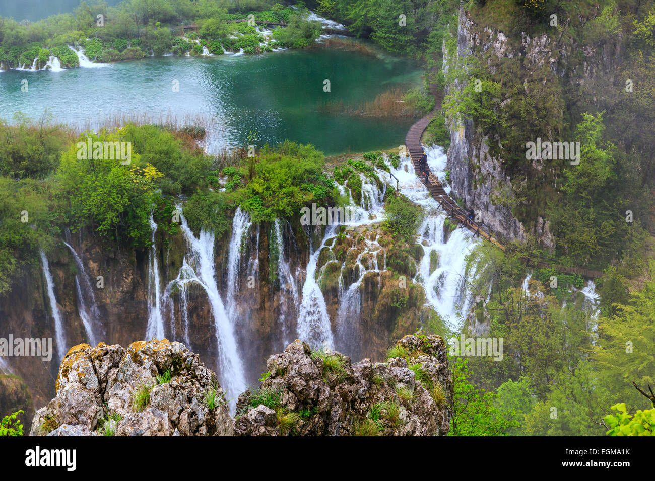 Los lagos en el bosque. El agua cristalina. Los lagos de Plitvice, Croacia Foto de stock