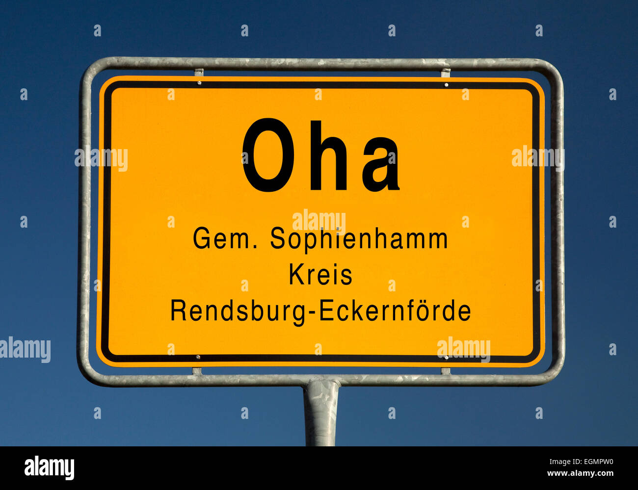 Los límites de la ciudad, signo de la Oha, distrito del municipio Sophienhamm, Rendsburg-Eckernförde, Schleswig-Holstein, Alemania Foto de stock