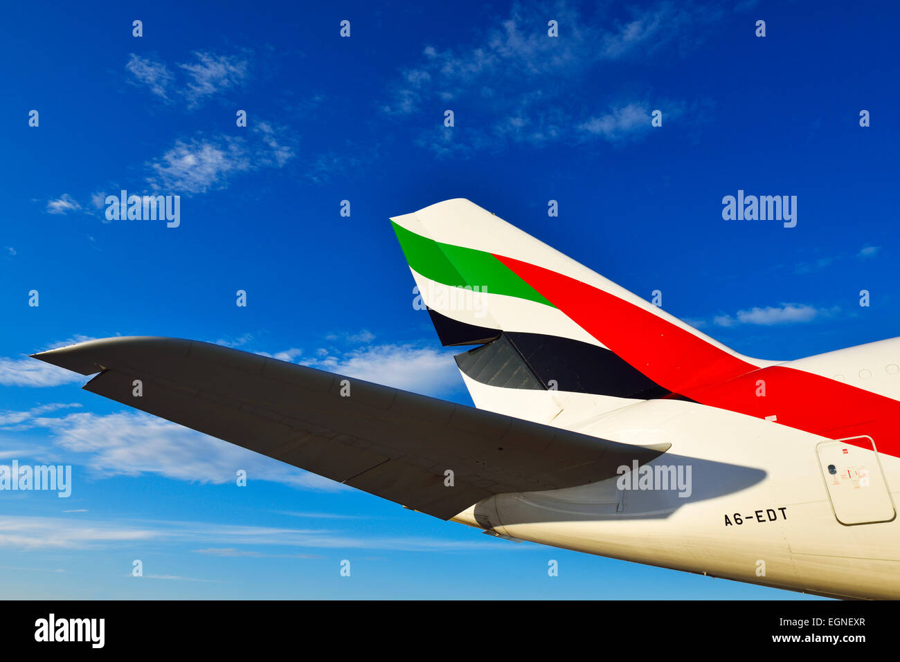 Emirates Airlines, vías aéreas, Airbus a 380, avión, avión, avión, ala winglet, estabilizador horizontal, Foto de stock