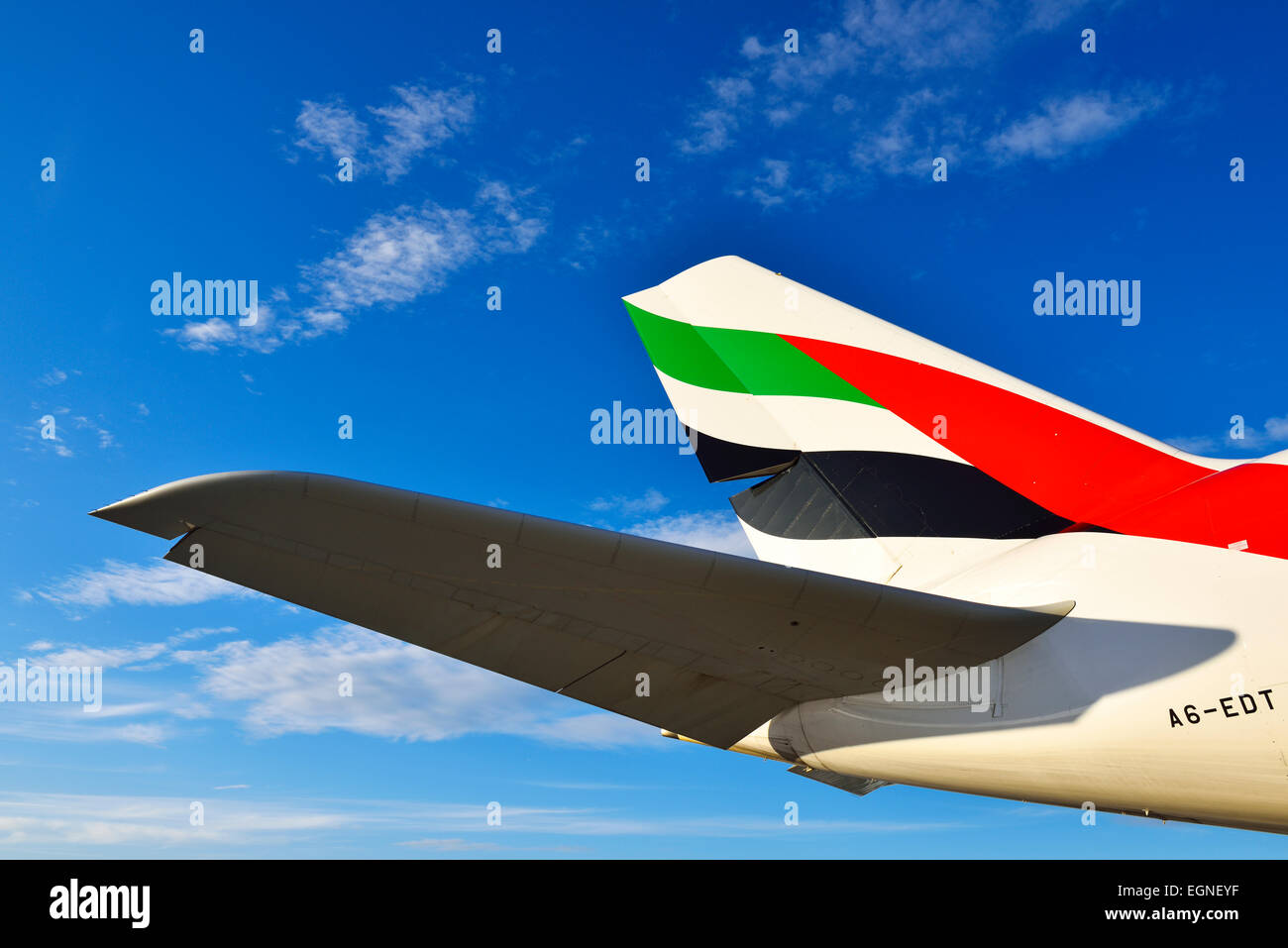 Emirates Airlines, vías aéreas, Airbus a 380, avión, avión, avión, ala winglet, estabilizador horizontal, Foto de stock