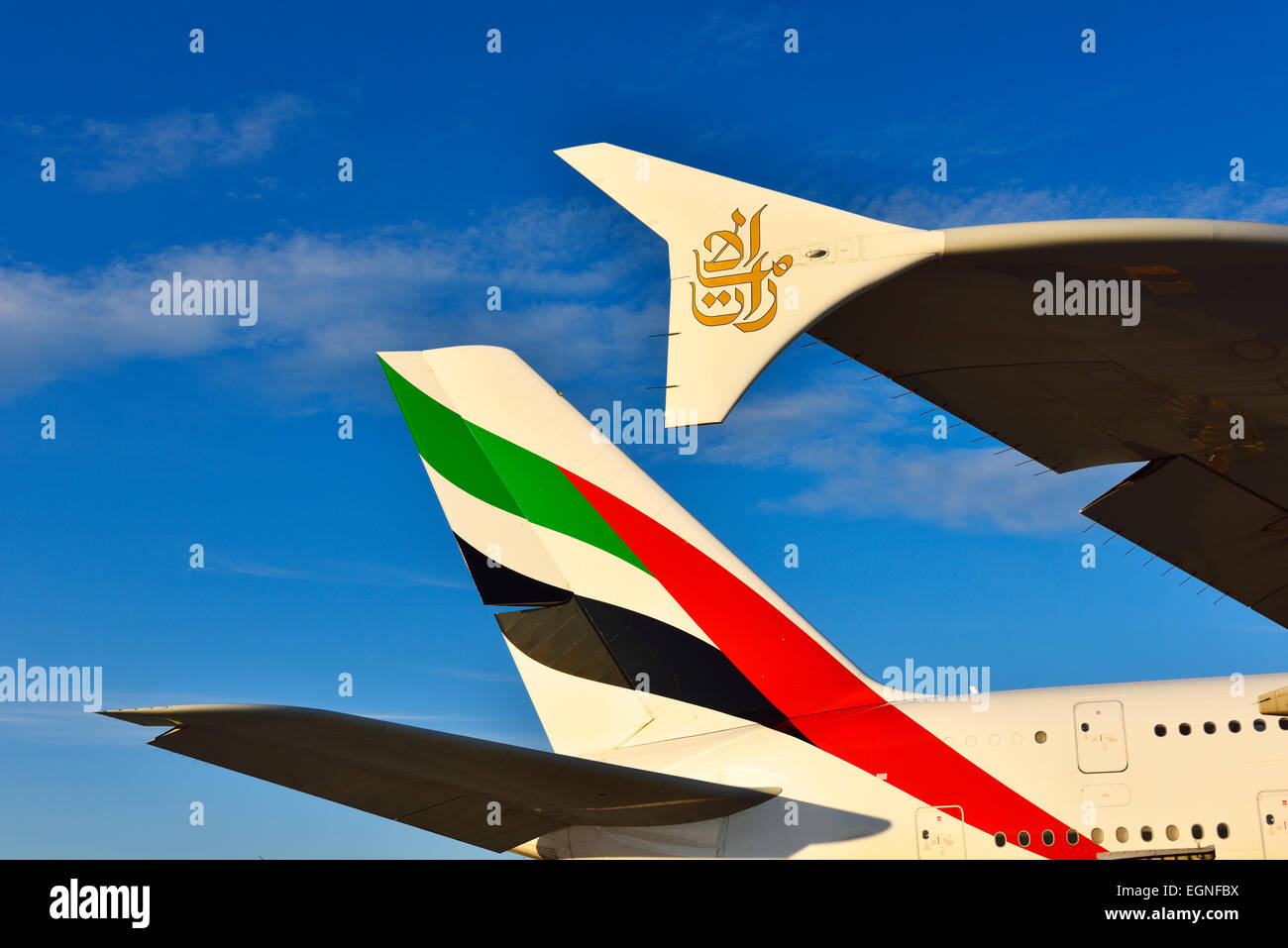 Emirates Airlines, vías aéreas, Airbus a 380, avión, avión, avión, ala winglet, estabilizador horizontal, Foto de stock