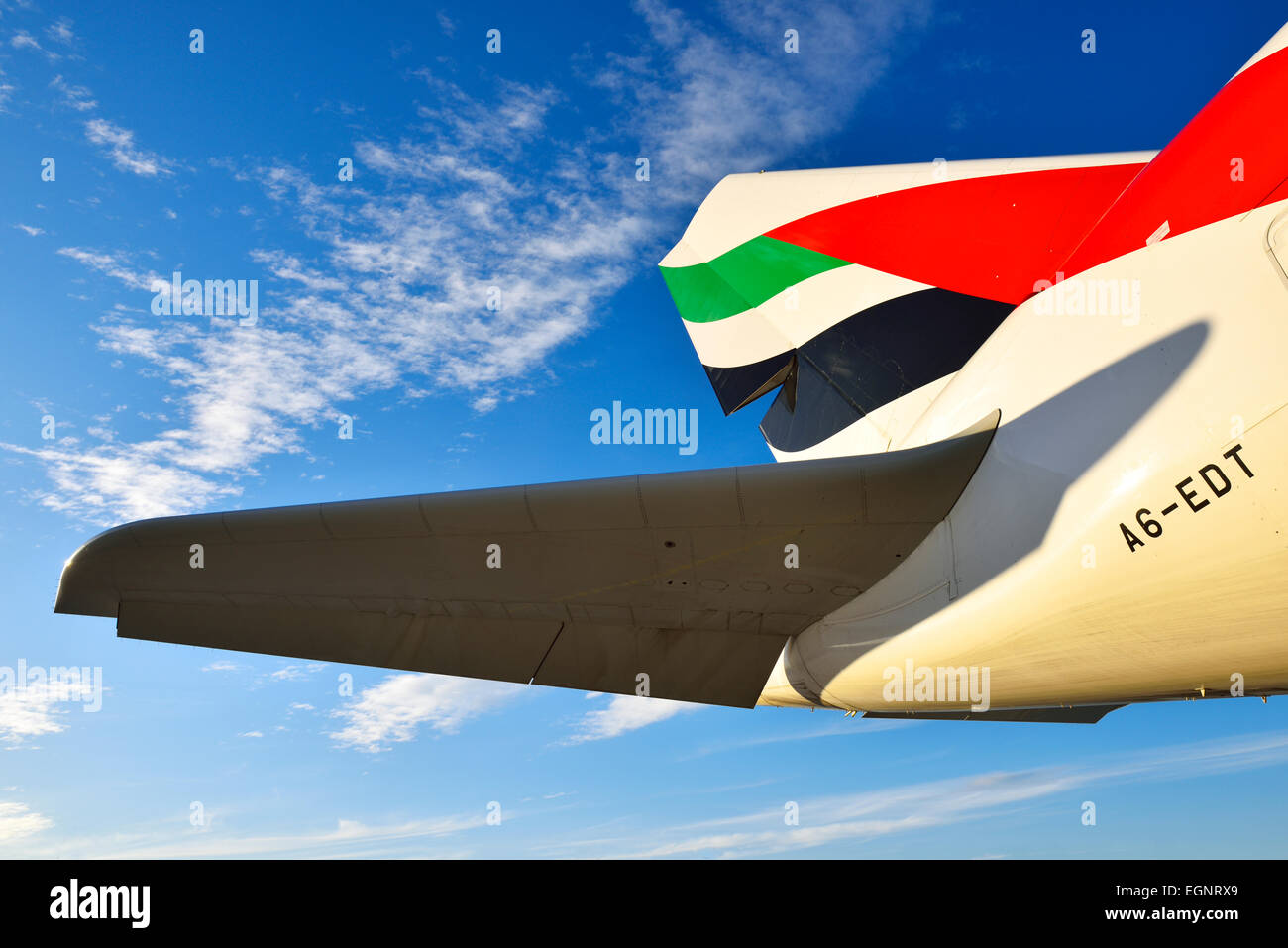 Emirates Airlines, vías aéreas, Airbus a 380, avión, avión, avión, ala winglet, estabilizador horizontal, Foto de stock