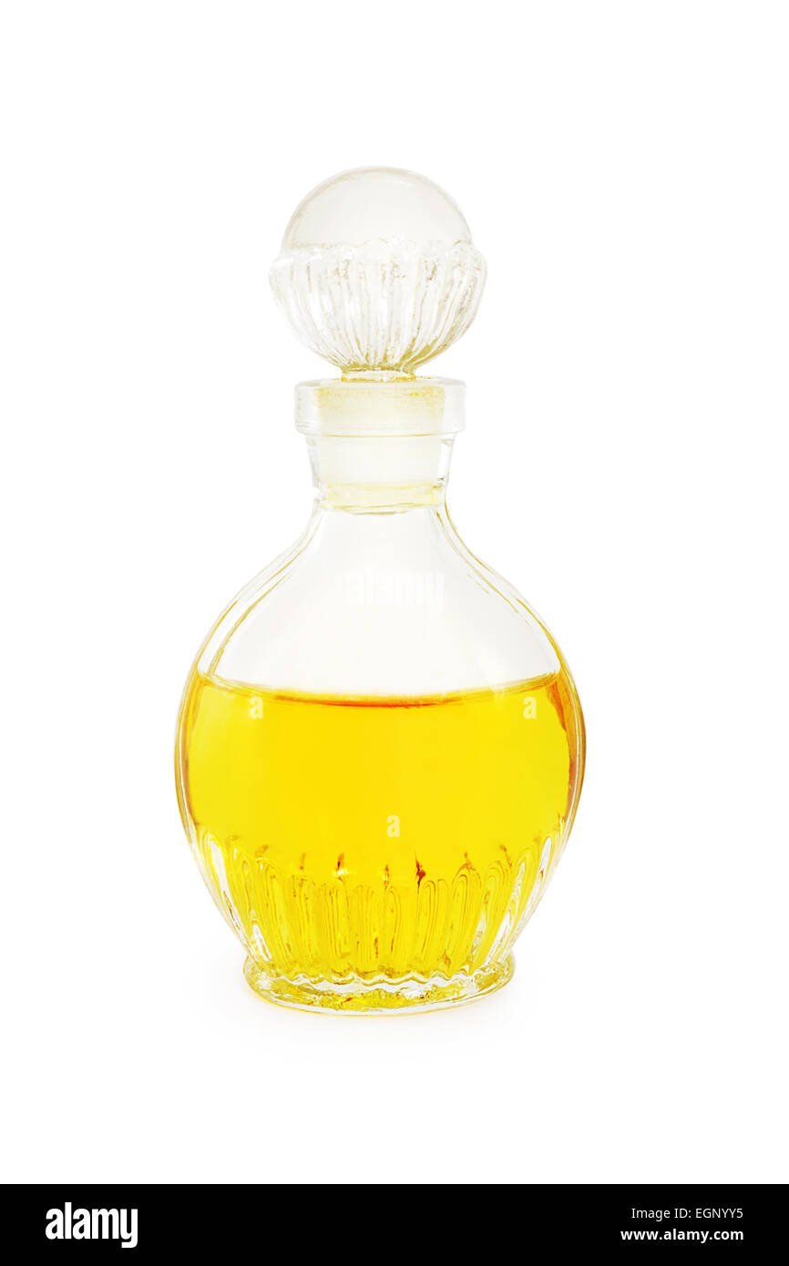 Botella de Perfume Vintage aislado sobre fondo blanco. Foto de stock