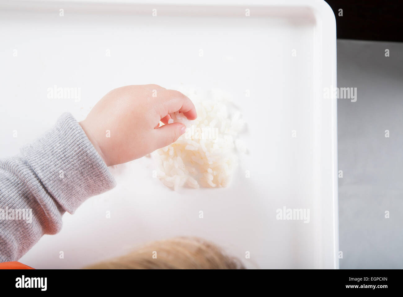 Rubio caucásico diecisiete meses de edad del bebé babero naranja suéter gris comer arroz con su mano en la silla alta blanco Foto de stock