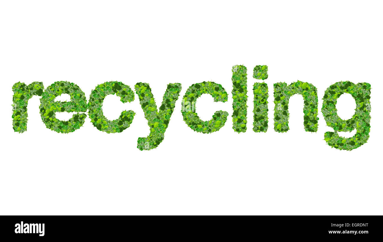 Palabra reciclado hechas de hojas verdes aislado sobre fondo blanco