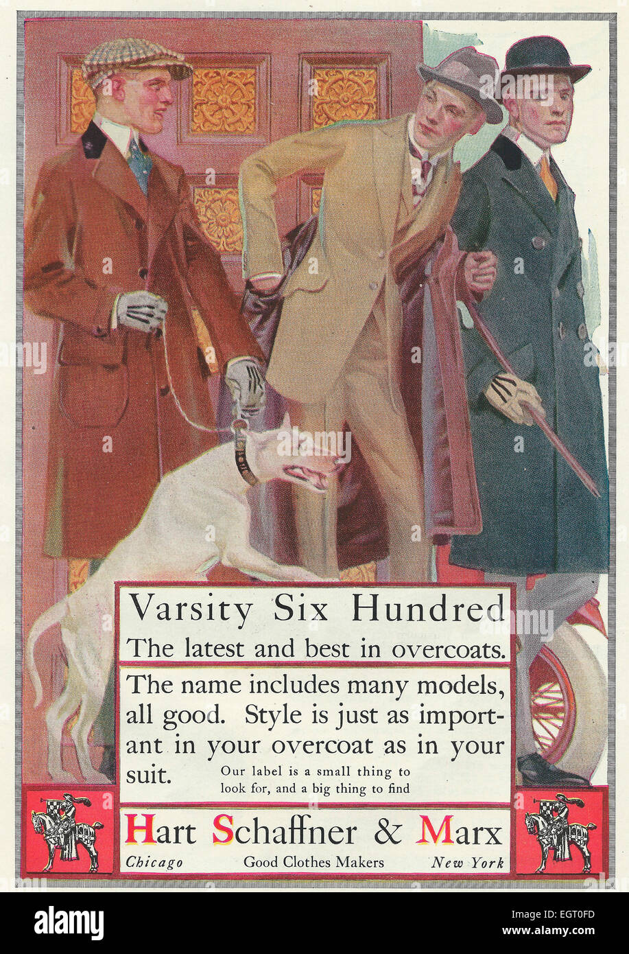 Varsity Seiscientos - Lo último y lo mejor en abrigos - Hart Schaffner & Marx - Publicidad 1916 Foto de stock
