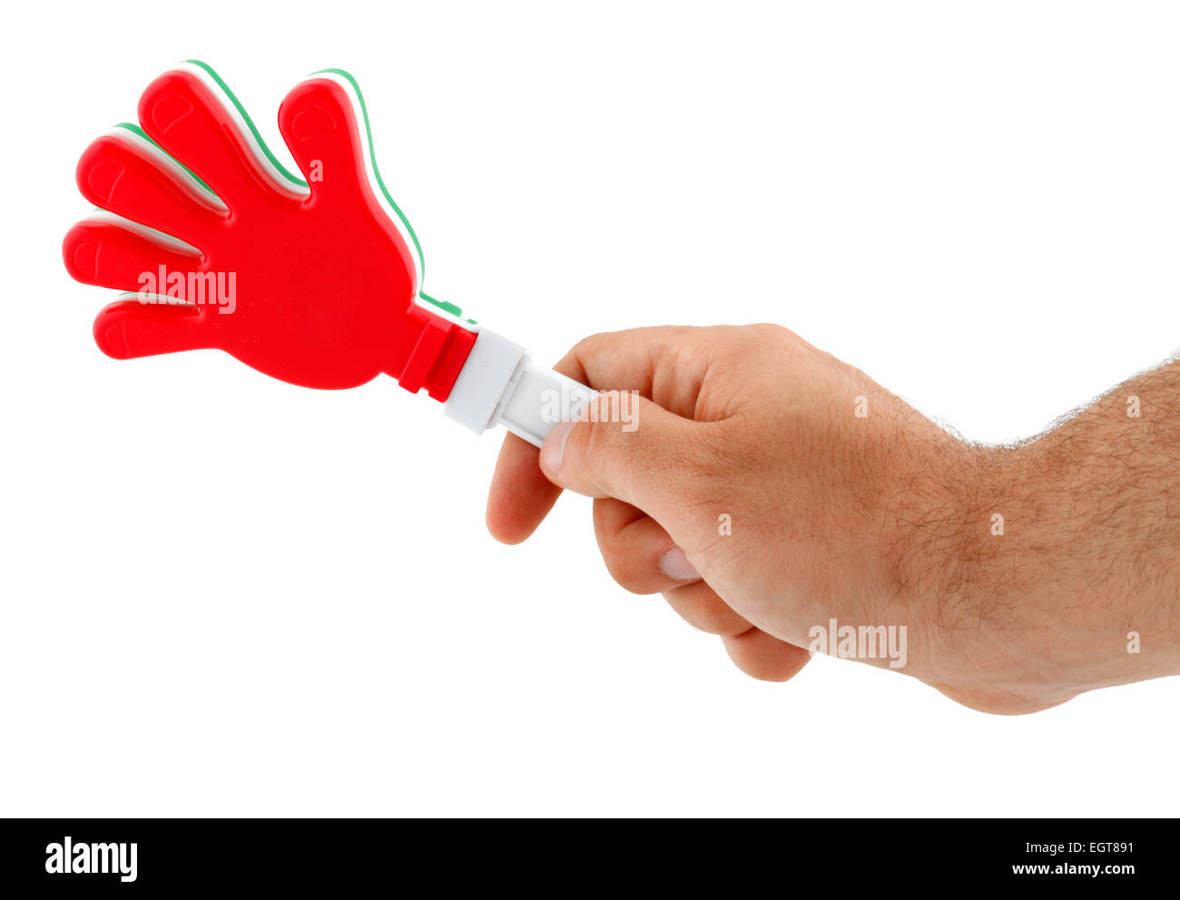 Juguete en la forma de la mano para hacer ruido. Hecha de plástico y los colores de la bandera italiana. Foto de stock