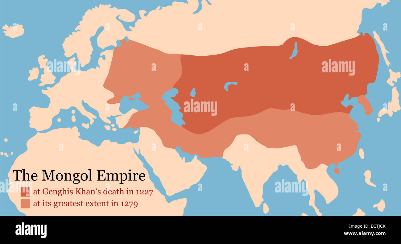 Mapa del Imperio mongol a la muerte de Genghis Khan en 1227, y en su mayor medida en 1279 