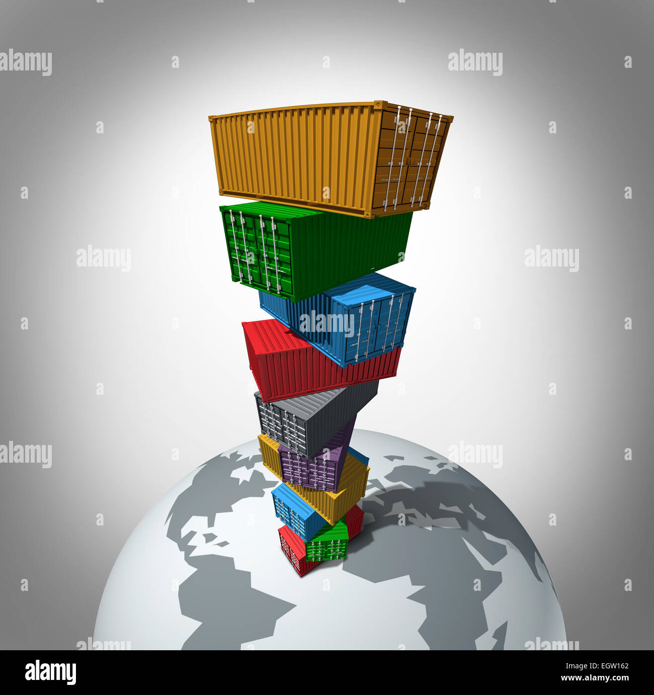 Concepto de transporte mundial de carga como una pila alta de contenedores de transporte se elevan sobre el planeta como un símbolo para el comercio internacional de importación y exportación. Foto de stock