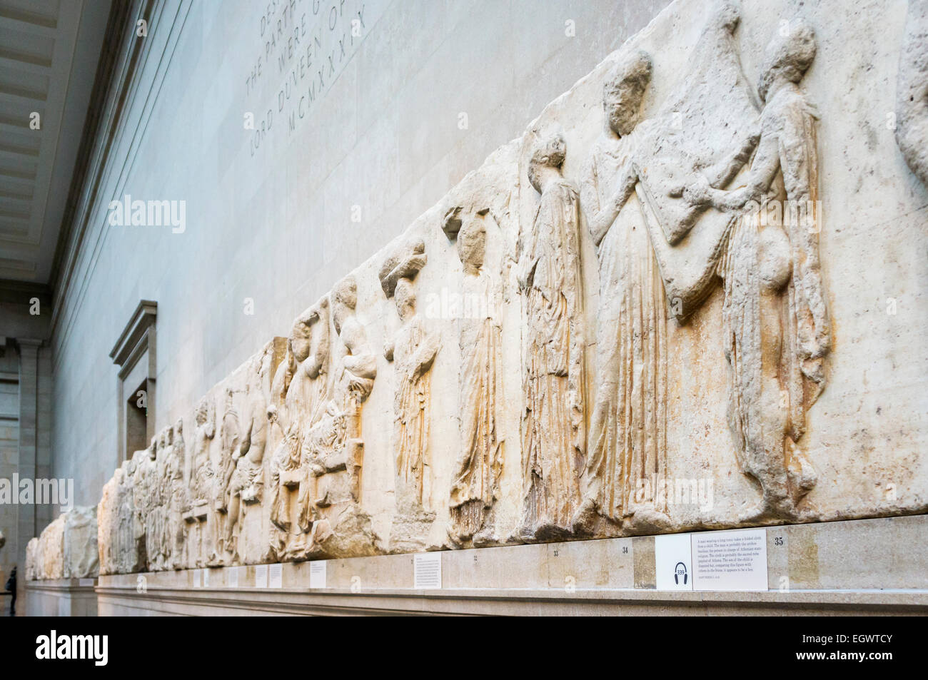 Los frisos del Partenón en el Museo Británico de Londres, Inglaterra, Reino Unido. Foto de stock