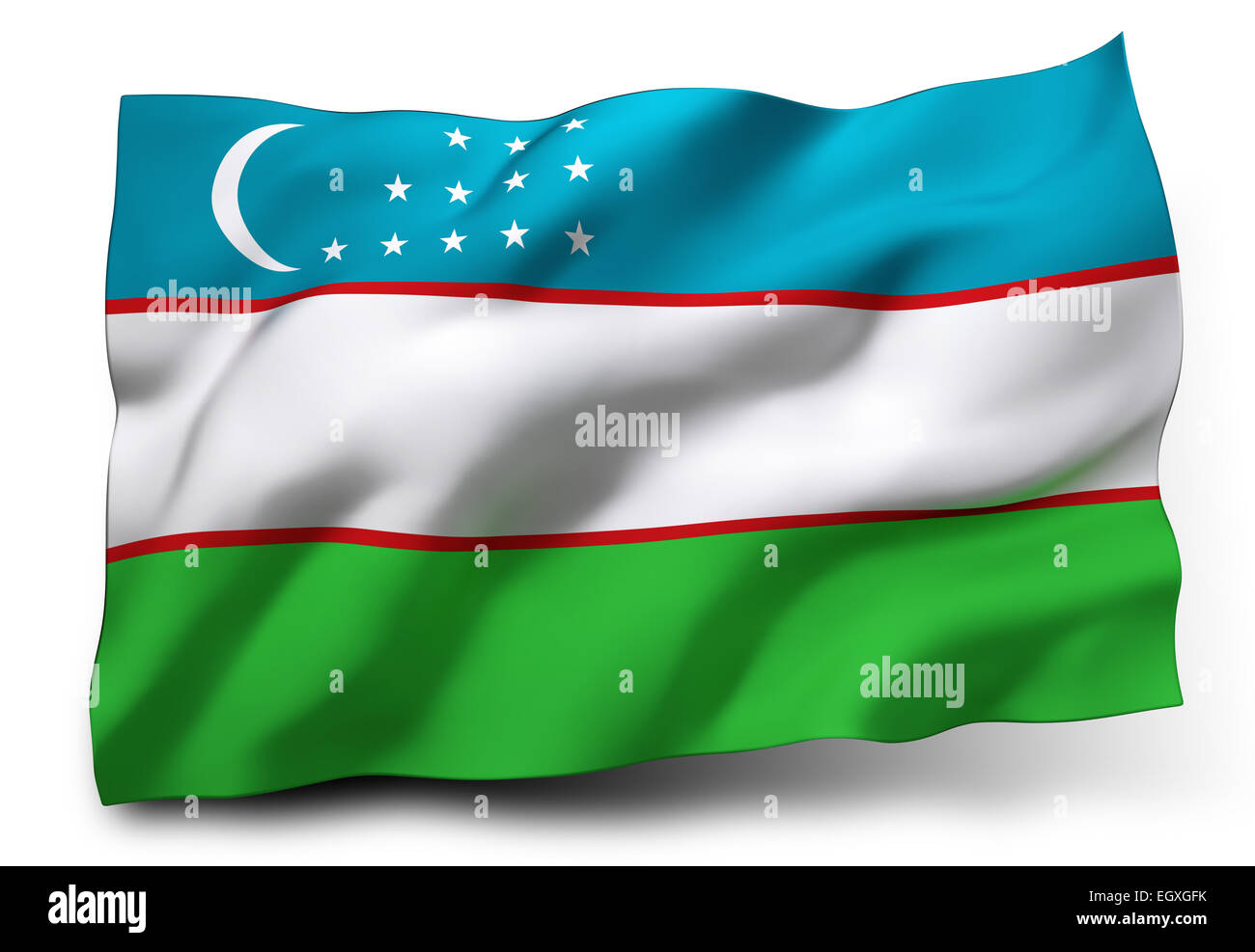 Ondeando la bandera de Uzbekistán aislado sobre fondo blanco Fotografía