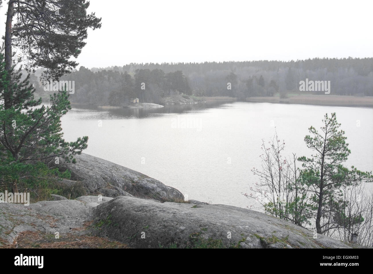 Vista al lago. Paisaje por el lago Mälaren, Suecia en noviembre. Foto de stock