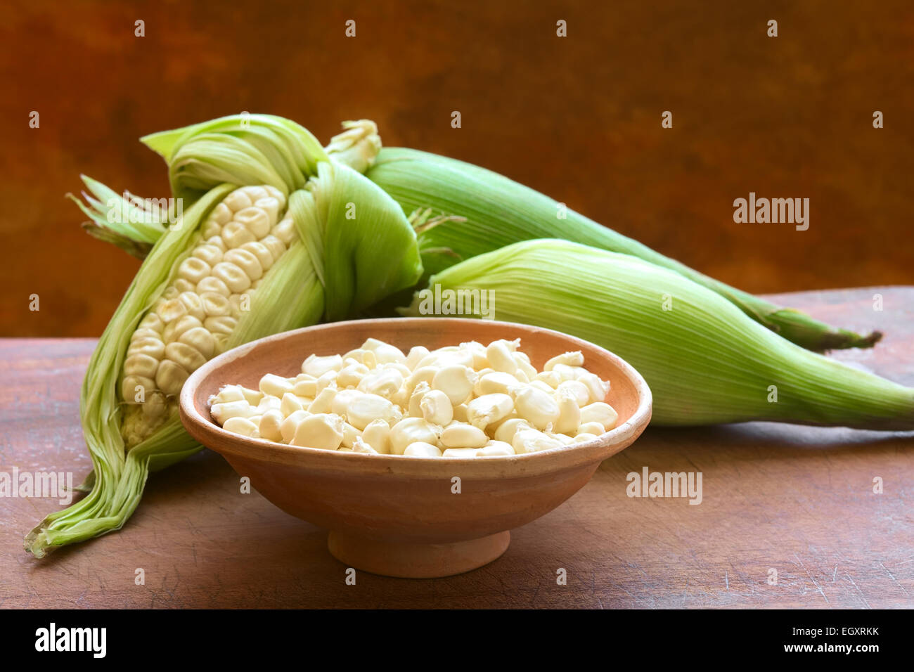 Los granos de maíz blanco llamado choclo (Español), en inglés o en Cuzco maíz peruano, que habitualmente se encuentra en Perú y Bolivia Foto de stock