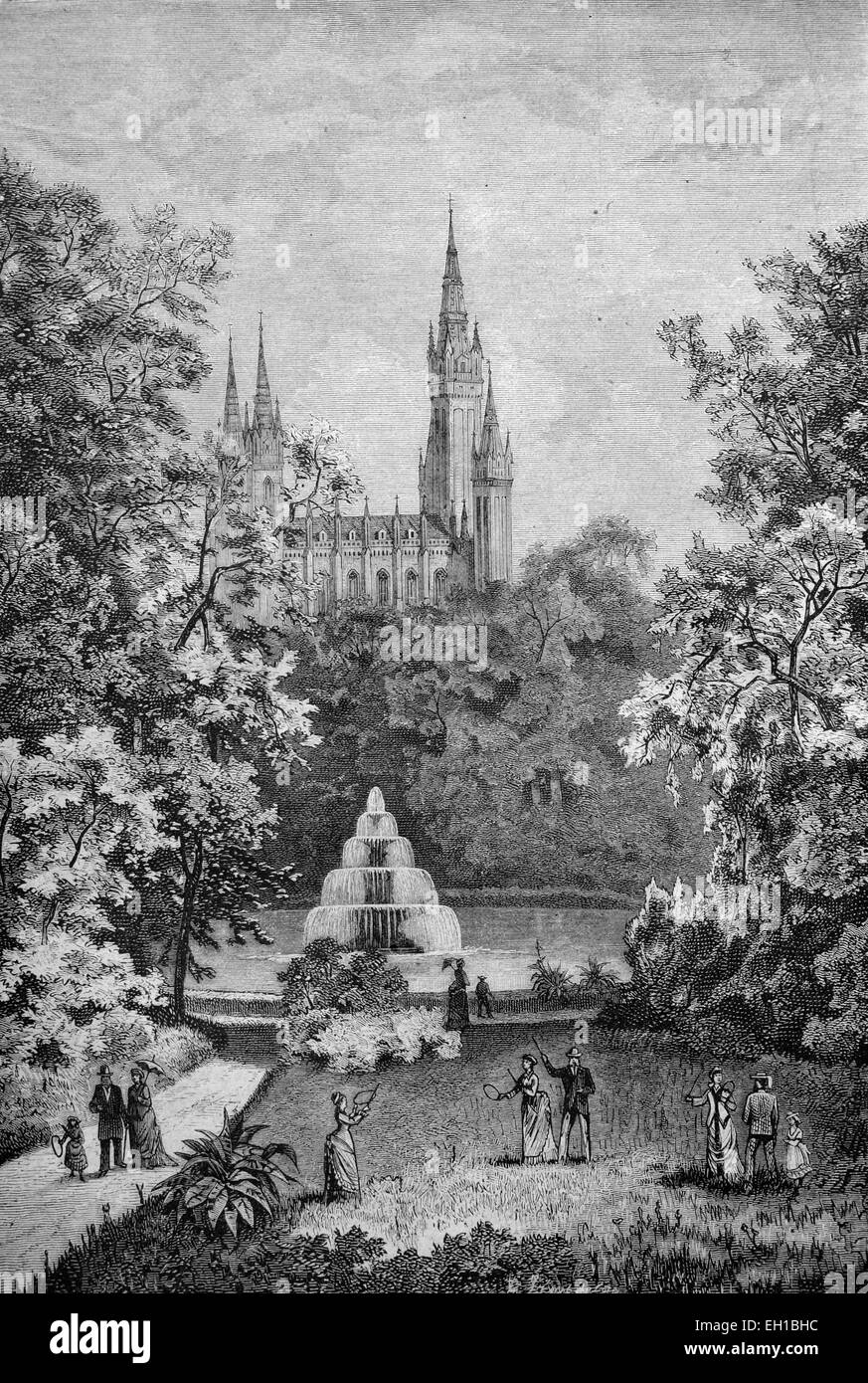 Jardines del Spa en Wiesbaden, Alemania, ilustración histórica, 1877 Foto de stock