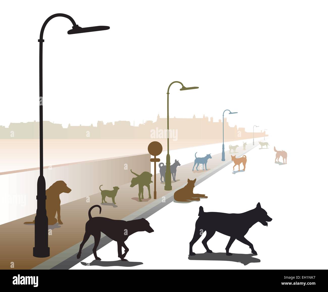 Ilustración vectorial editable de un variopinto grupo de perros callejeros en una carretera solitaria Ilustración del Vector
