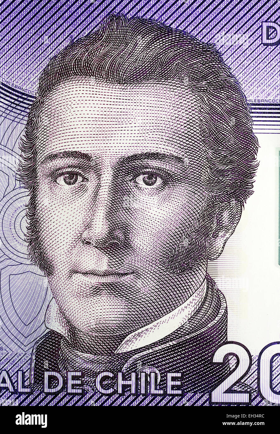Manuel Rodríguez Erdoiza desde 2000 pesos, billetes de banco de Chile, 2009 Foto de stock
