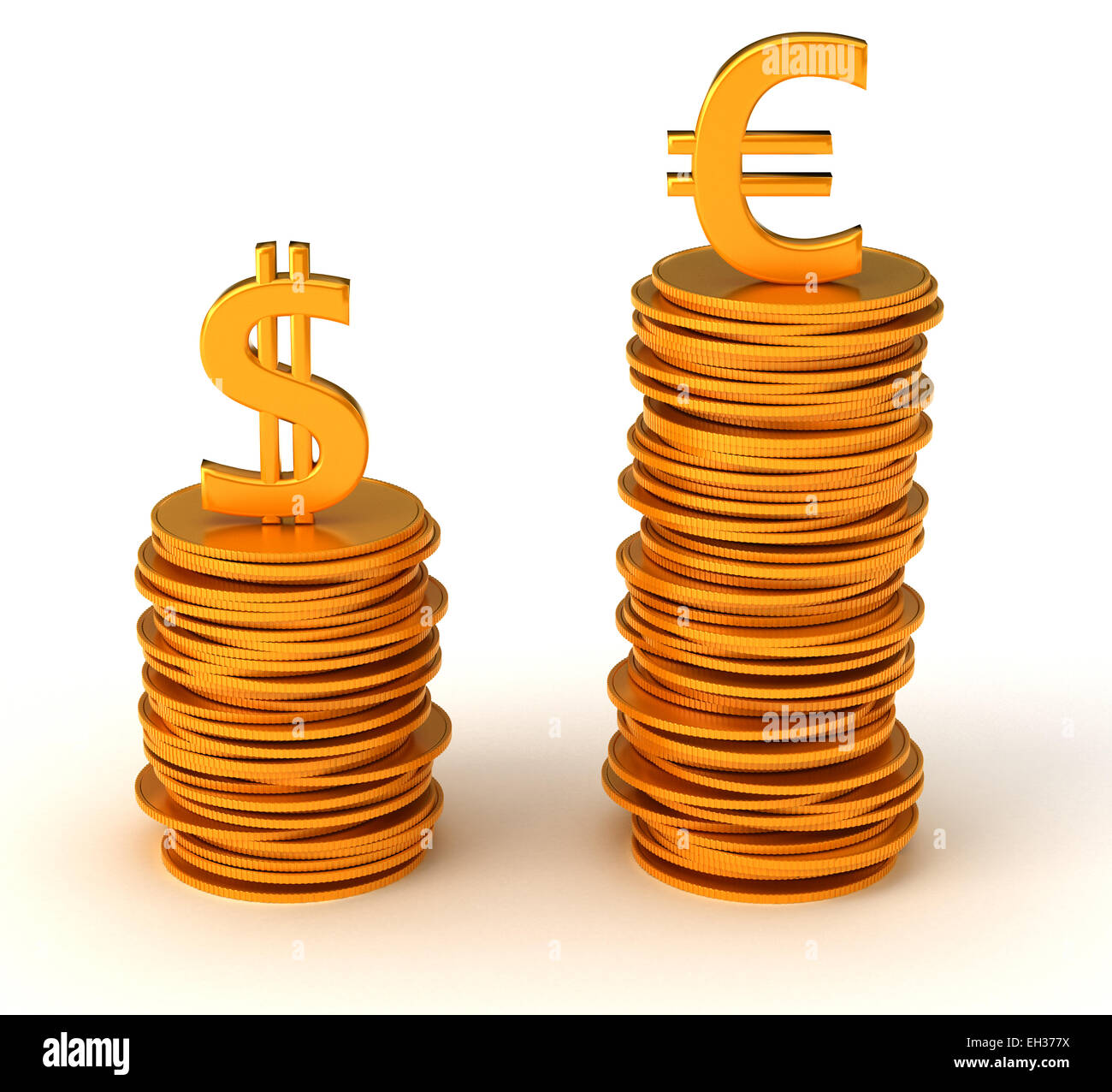 Desigualdad de moneda - el dólar estadounidense y el euro sobre blanco Foto de stock