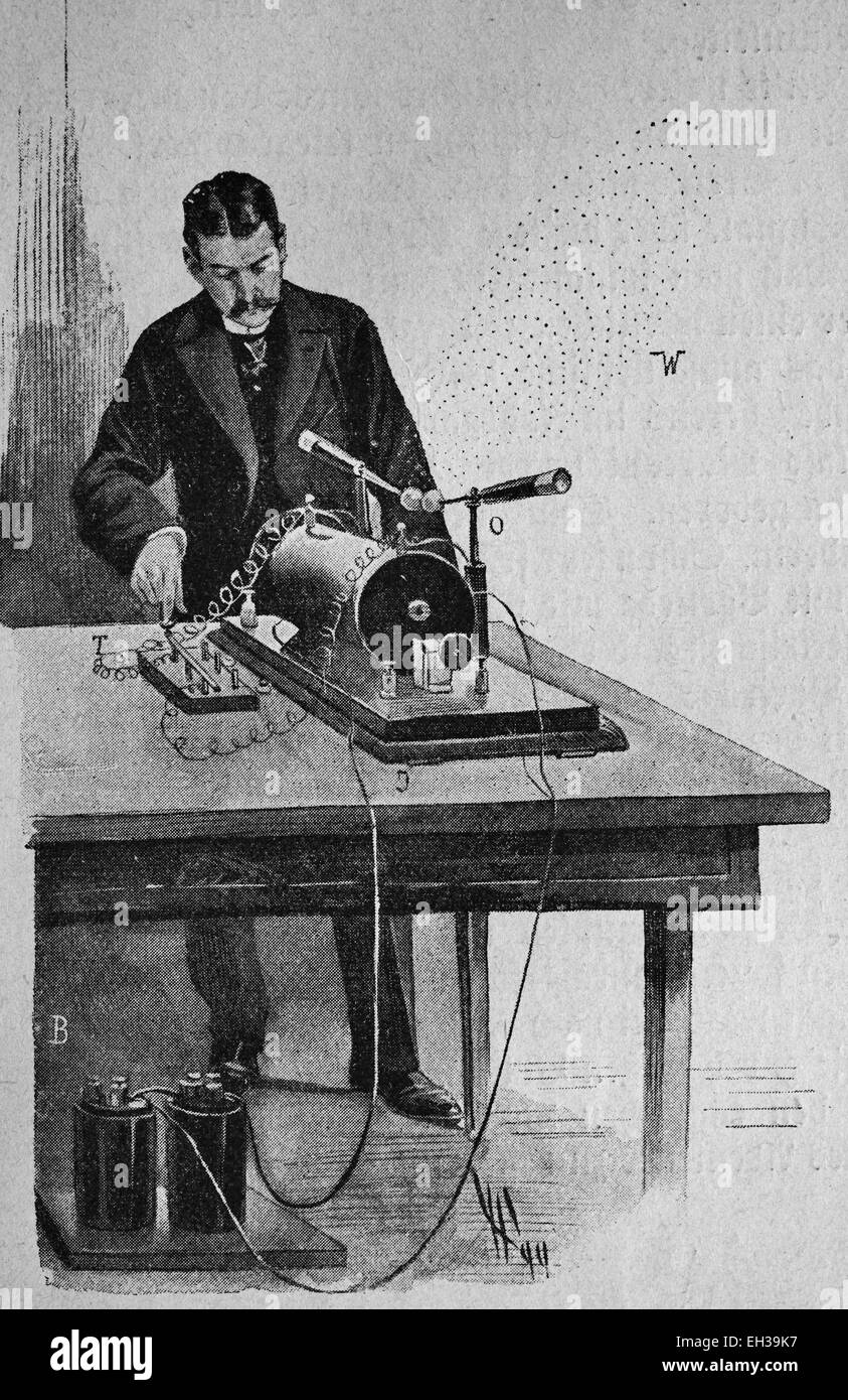 Aparato de telegrafía con una estación de carga por inducción y una transmisión de oscilador, xilografía, 1888 Foto de stock