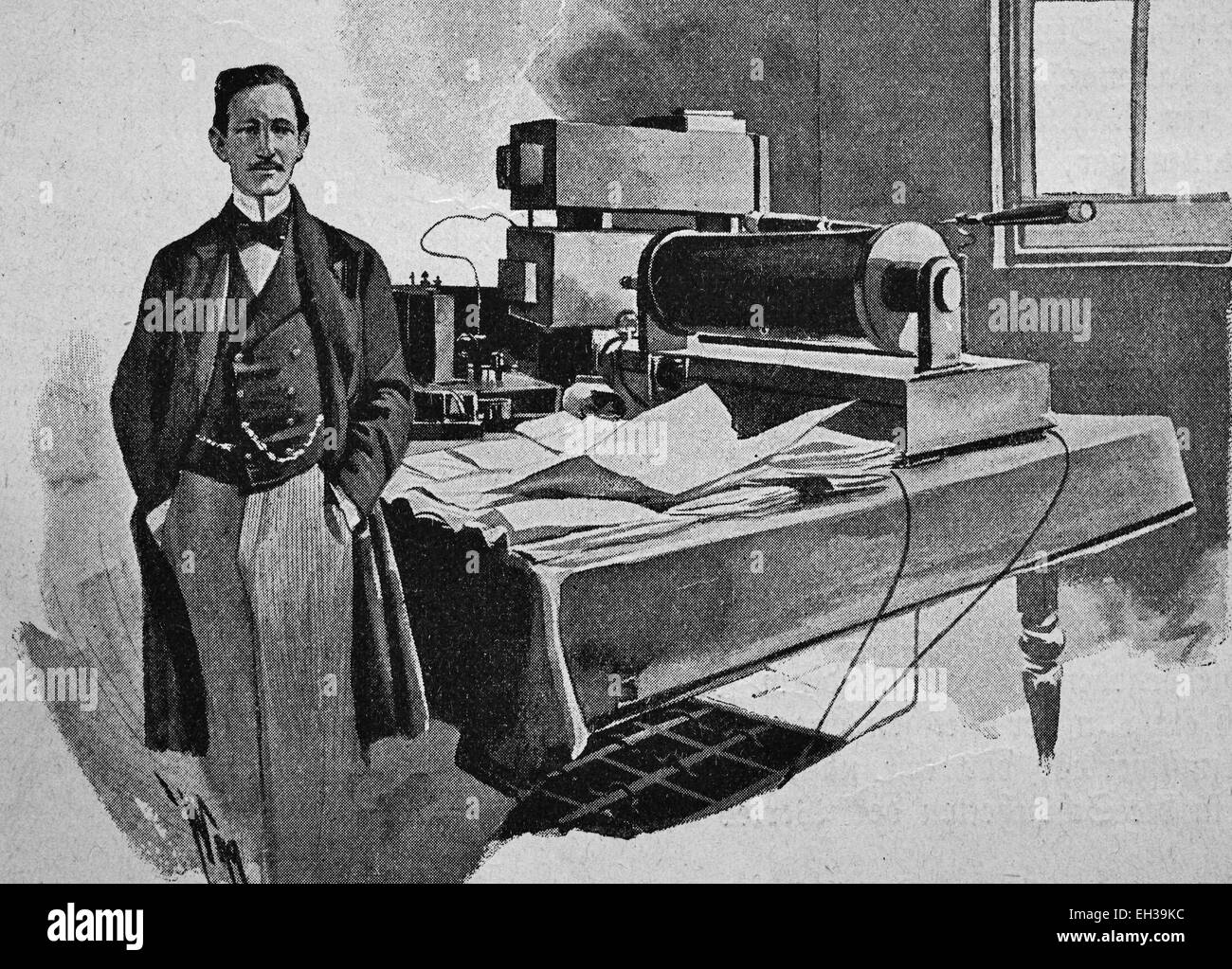 La telegrafía, Guglielmo Marconi, Marchese desde 1924, en la estación de South Foreland, xilografía, 1888 Foto de stock