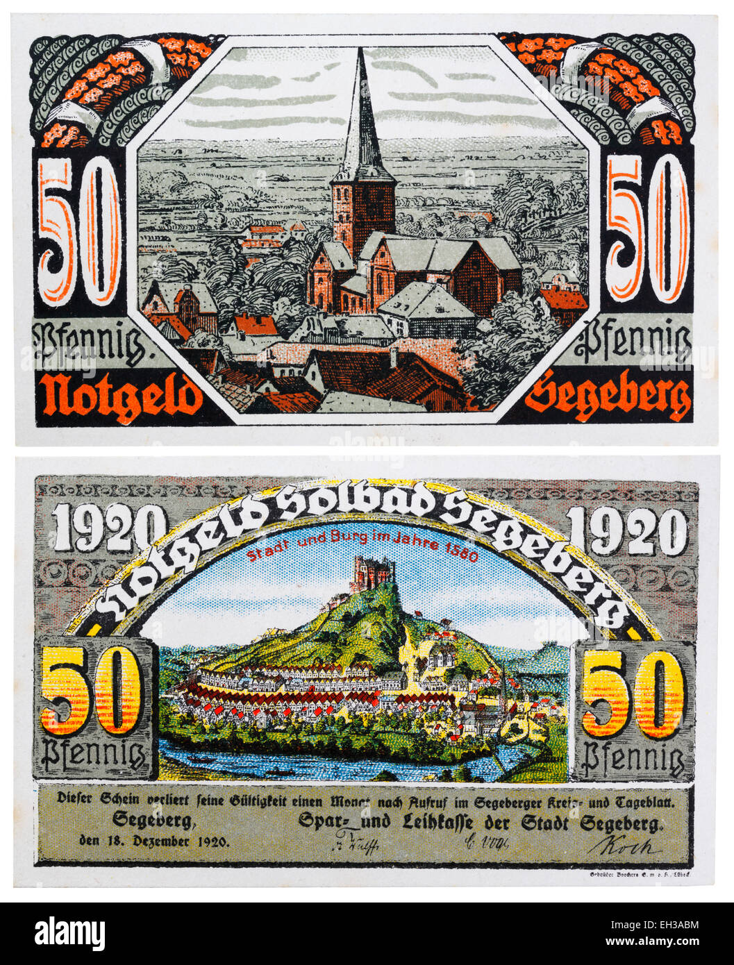 50 pfennig, billetes notgeld, Segeberg, Schleswig-Holstein, Alemania, 1920 Foto de stock