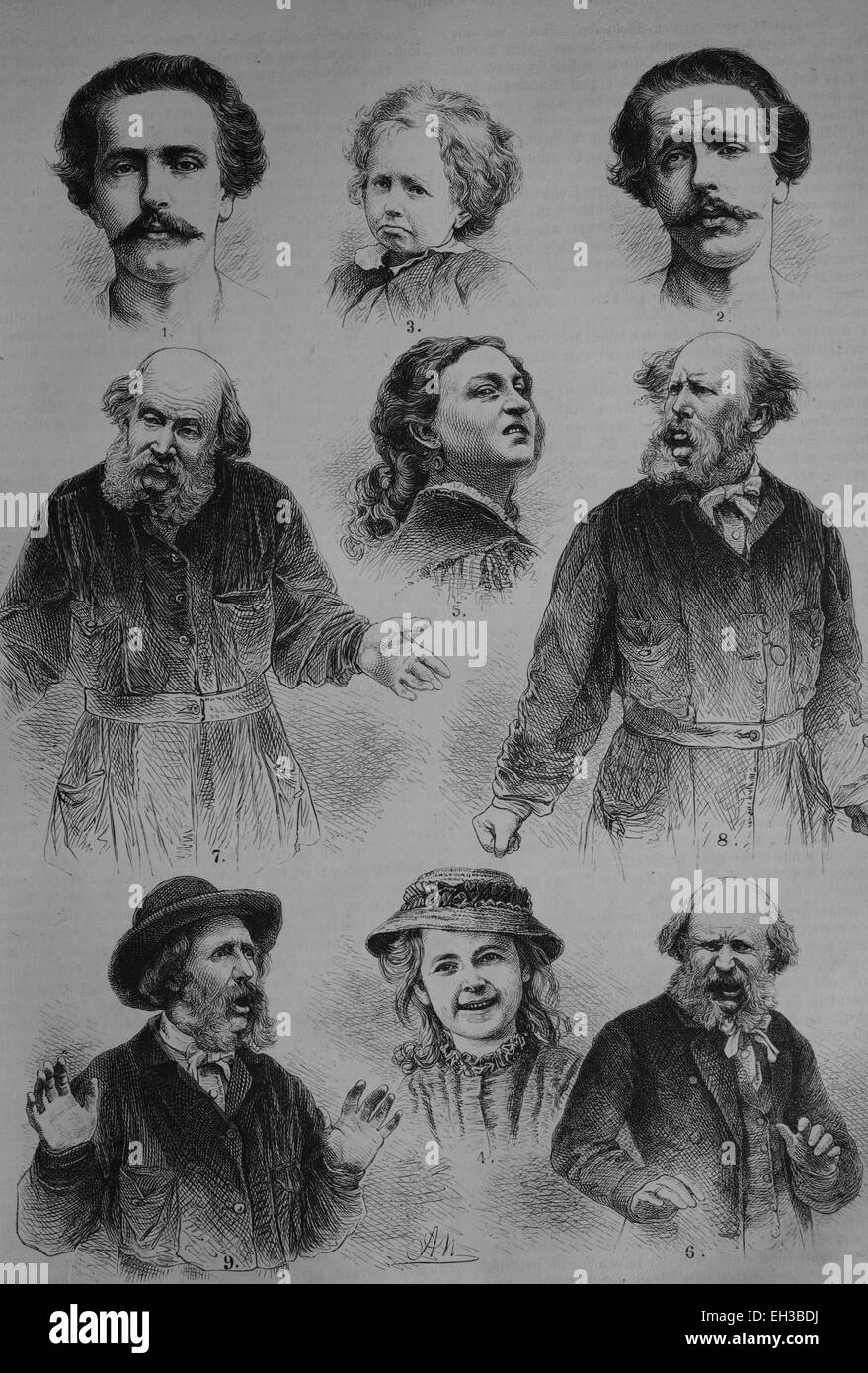 Las expresiones faciales humanas, las emociones, el grabado en madera, alrededor de 1880 Foto de stock