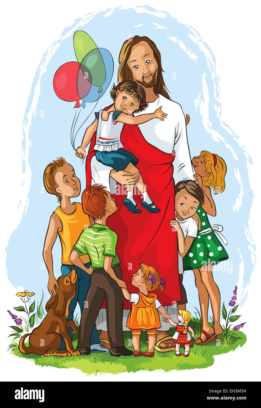 Jesús con los niños. Dibujos animados de color cristiano ilustración de acontecimientos en la vida de Jesús Foto de stock