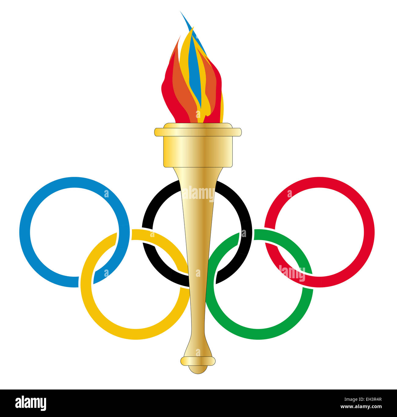 Anillos de estilo Olímpico con una antorcha de estilo Olímpico con llamas sobre un fondo blanco. Foto de stock