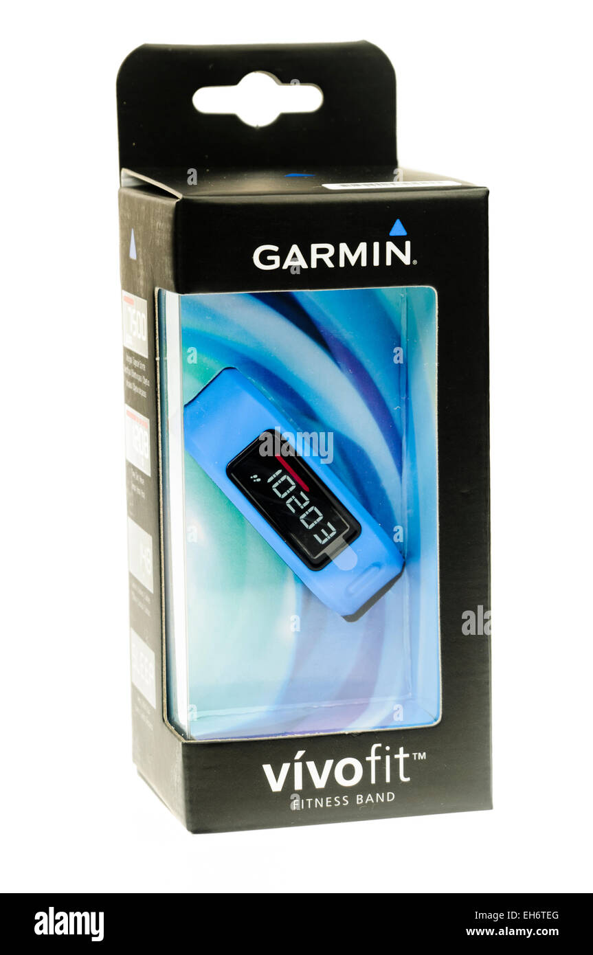 Una banda de fitness Vivofit Garmin, en caja y nuevo Foto de stock