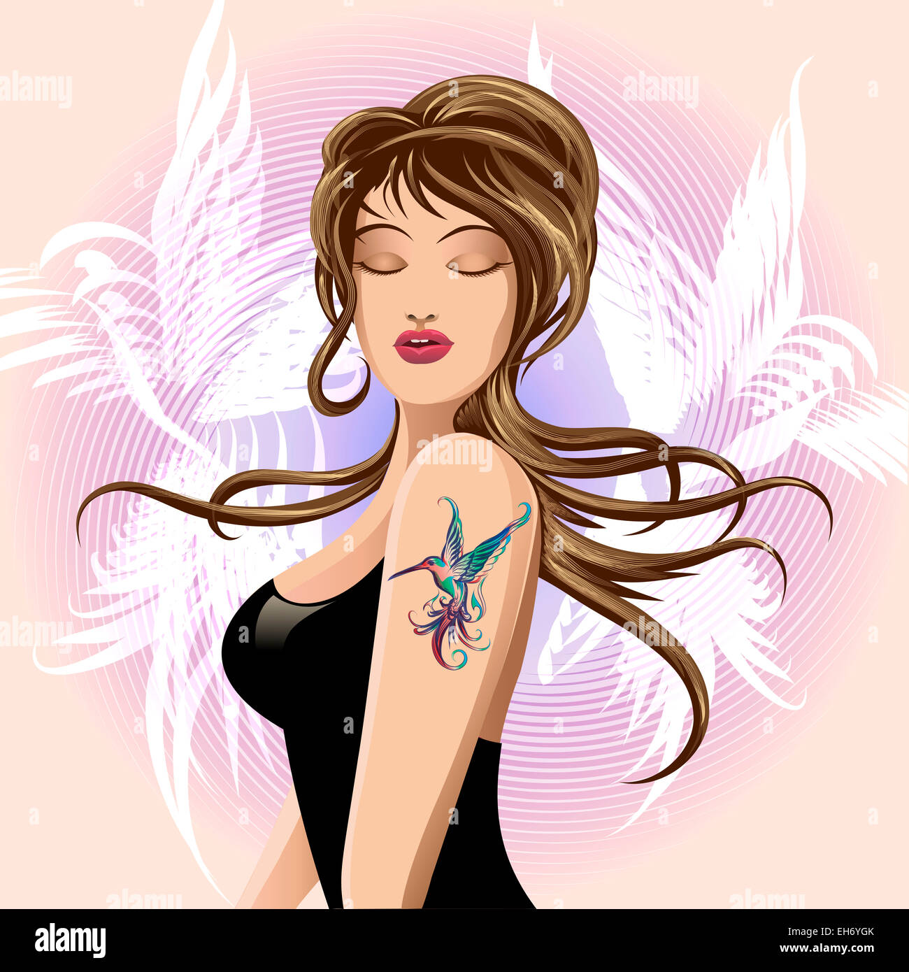 La muchacha con el colibrí el tatuaje en su hombro Foto de stock