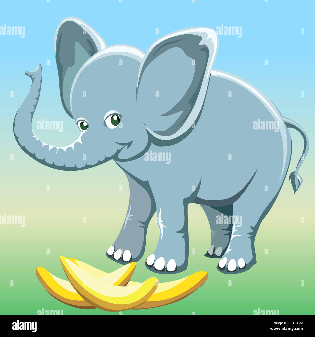 Gracioso ilustración con bebé elefante sonriente y bananas dibujado en estilo de dibujos animados Foto de stock