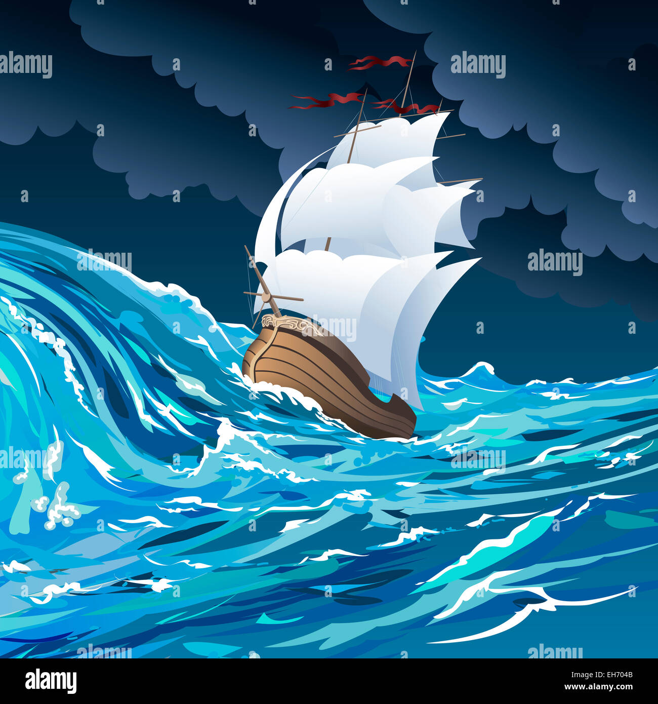 Ilustración con barco de vela a la deriva en el océano tormentoso contra nublado cielo nocturno dibujado en estilo de dibujos animados Foto de stock