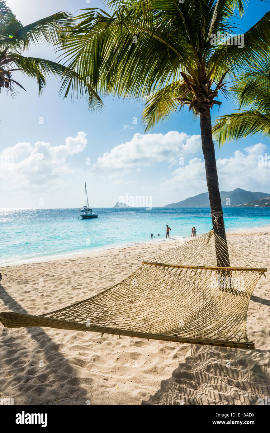 Una hamaca entre dos palmeras en una playa arenosa, Palm Island, Las Granadinas, las Islas de Barlovento, Antillas, Caribe Foto de stock