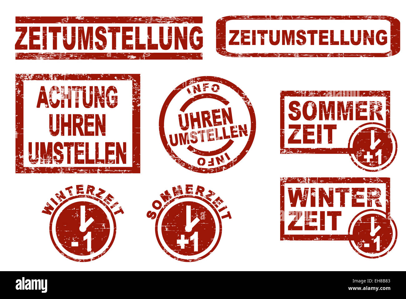 Juego de sellos de tinta roja estilo grunge mostrando términos alemanes para el horario de verano Foto de stock