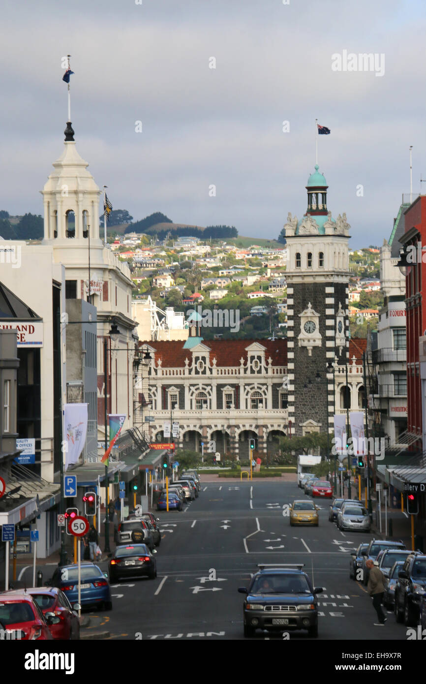 El distrito comercial del centro de la ciudad de Dunedin, Nueva Zelanda Foto de stock