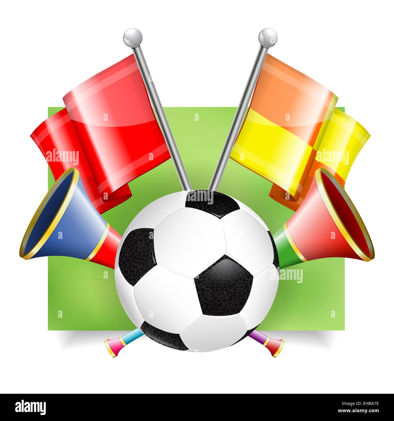 Banner de fútbol con una pelota de fútbol, banderas y Vuvuzela en 3D estilo  realista. Puede ser usado para web banners, folleto, póster y printin  Fotografía de stock - Alamy