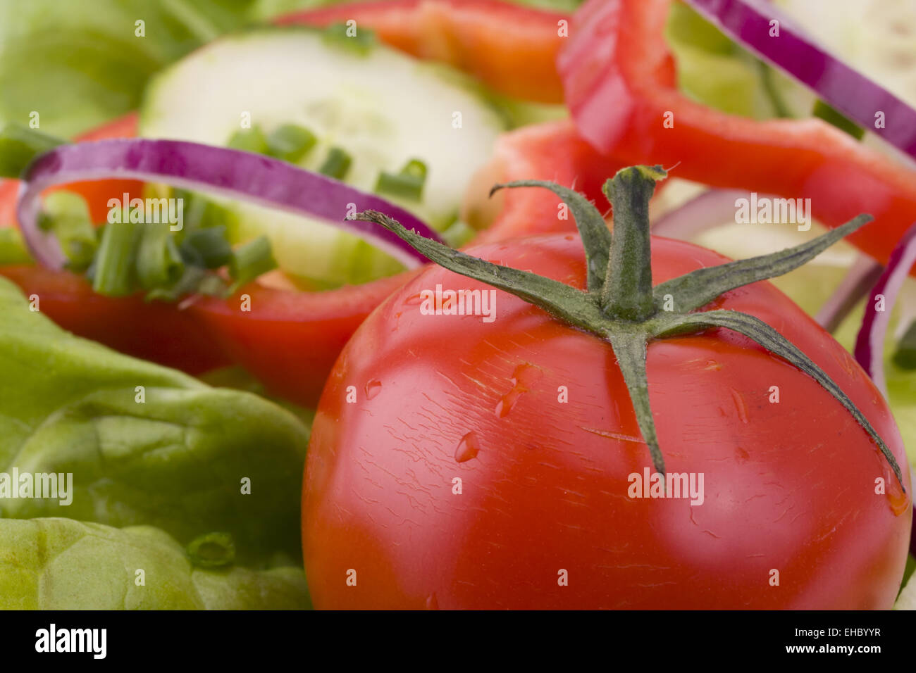 Nahaufnahme einer Tomate auf einem Salatbett Foto de stock