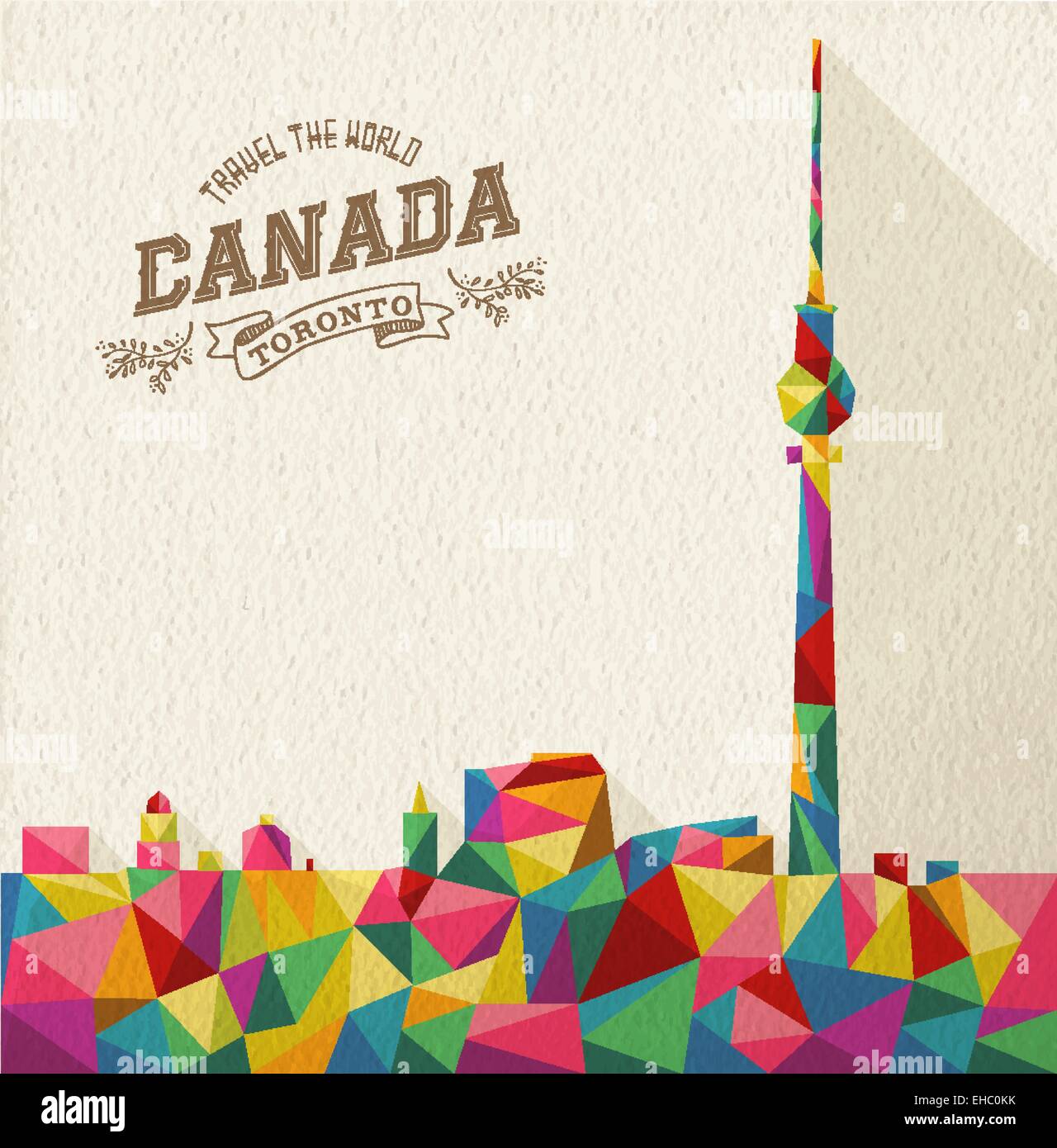 Travel Canadá famoso monumento. Colorido horizonte de Toronto poligonal con etiqueta vintage y un papel con textura de fondo. Ilustración del Vector