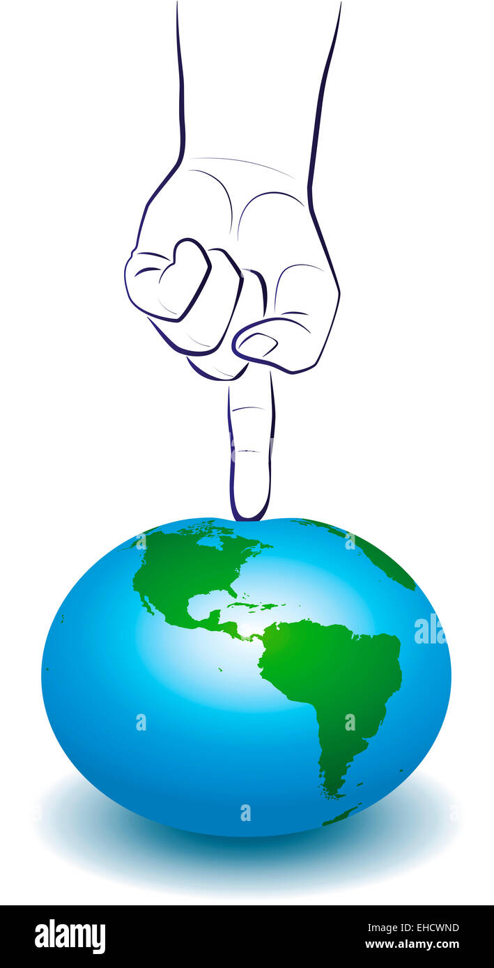 Un enorme dedo ejerce presión sobre el planeta Tierra, un símbolo para los problemas mundiales. Foto de stock